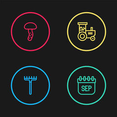 Set line Garden rake, September calendar autumn, Tractor and Mushroom icon. Vector