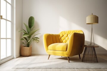 Yellow armchair on white wall in minimalist home. Generative AI