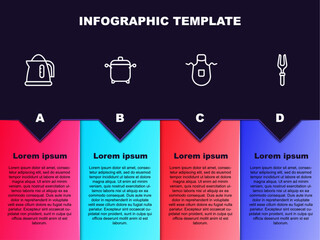 Set line Electric kettle, Cooking pot, Kitchen apron and Barbecue fork. Business infographic template. Vector