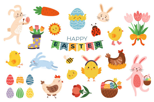 Set Of Charming Easter Icons Depicting Various Elements Such As Bunnies, Bugs, Eggs, Baskets, And Flowers