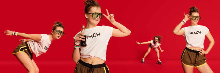 Set of images of attractive young girl in t-shirt, shorts and sunglasses posing against red...