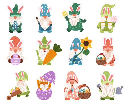 Set Of Charming Easter Gnomes With Colorful Outfits And Hats, Holding Baskets Of Eggs And Flowers Vector Illustration