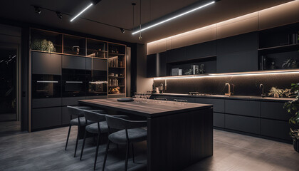 An ultra-modern, roomy apartment with a dining area, a fashionable luxury kitchen decorated in dark tones, and cool led lighting generative ai