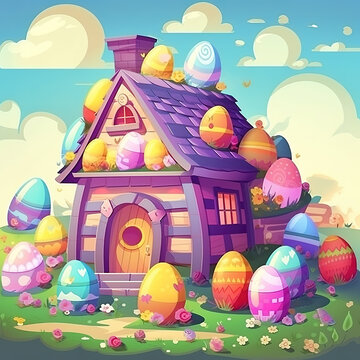 Easter Egg House with a Vivid Easter Egg Roof - A Fantastical Scene of a Home Surrounded by Festive Easter Eggs - Generative AI