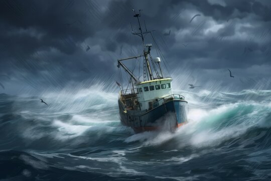 Fishing boat storm thunder. Tropical water storm. Generate Ai