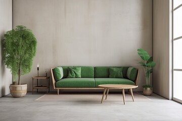 Green couch in contemporary apartment with vacant wall and wooden table,. Generative AI