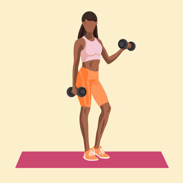 Faceless fitness African American woman in sportswear standing on a fitness mat and doing a workout with the dumbbells. Workout and sports training concept. Vector illustration.