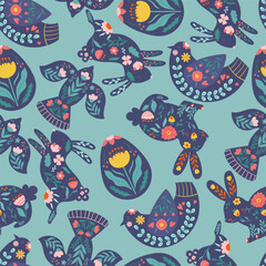 Cute Folk Styled Seamless Pattern Featuring Easter Motifs Such As Bunnies, Eggs, And Chicks In Muted Colors