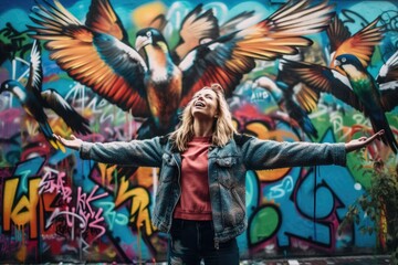 Naklejka na ściany i meble Vibrant Graffiti Wall and Tropical Birds made with Generative AI