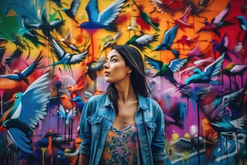 Plakat Street Art Style Woman with Tropical Birds made with Generative AI
