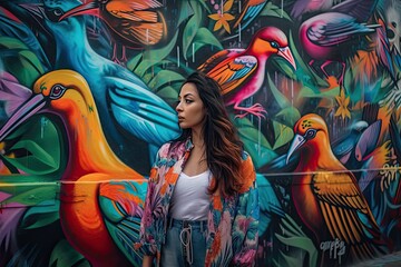 Colorful Tropical Birds and Graffiti Wall made with Generative AI