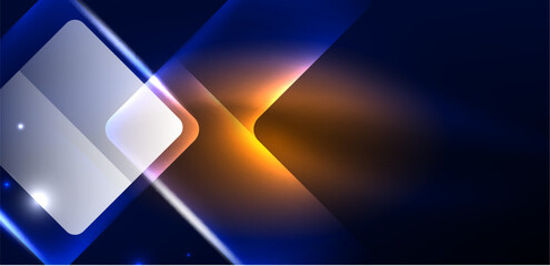 Fototapeta premium Neon speed arrow and line shapes background. Hi-tech concept with shiny backdrop. Bright flare light effect in the dark