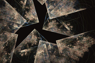 Orange pattern of curved shapes of corners on a black background. Abstract fractal 3D rendering