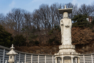 Obraz premium Bongeunsa Temple , Buddhist temple and Big Buddha Statue during winter morning at Gangnam , Seoul South Korea : 4 February 2023