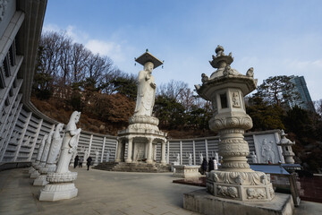 Fototapeta na wymiar Bongeunsa Temple , Buddhist temple and Big Buddha Statue during winter morning at Gangnam , Seoul South Korea : 4 February 2023