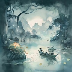 The mist-shrouded lake Watercolor Generative Ai