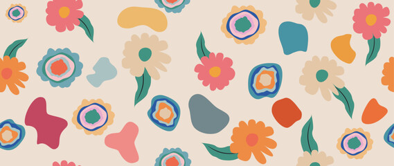 Vector spring flat background. Modern floral pattern with abstract circles. Colorful abstract modern seamless pattern. Perfect for screensaver, poster, card, invitation or home decor.
