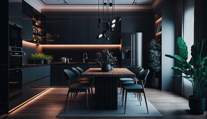 A large, ultra-modern apartment with a stylish, modern kitchen decorated in dark tones, cool led lighting, a cooking island, and a dining area. generative ai