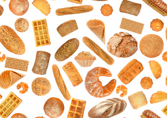 Seamless pattern of bread products isolated on white