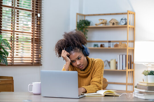 Young teenager asian woman prepare learning study listen from online class video call zoom google meet discord, Asian woman stressed about learning studying concern nervous serius anxious