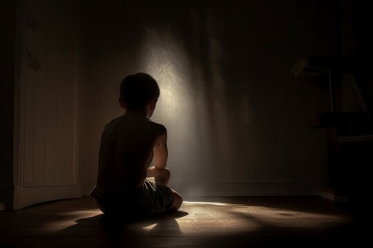 Little boy sitting alone in the dark. Interior fear. Generate Ai