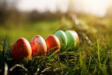 Fototapeta premium colorful row of Easter eggs on a vibrant green grassy background. Generative AI