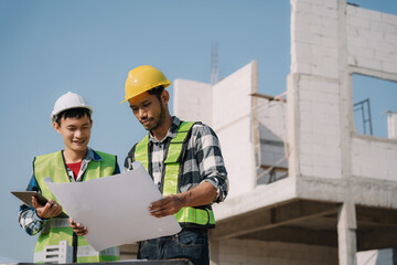 architect team on construction site inspection documents and business workflow in the morning.