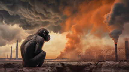 The monkey sits and looks at the chemicals above the factory. Generative AI.
