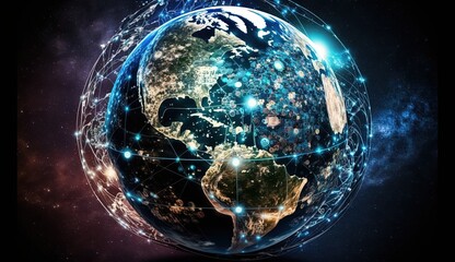 Global world network internet and telecommunication, view of the earth. Communication technology for internet business. Cryptocurrency and blockchain