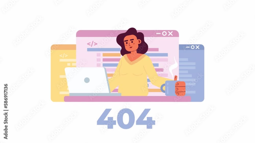 Poster animated writing code 404 error. bugs in webpage script. empty state 4k video footage with alpha cha