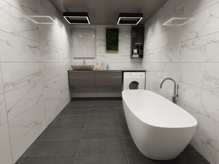 Modern bright bathroom with eco-style decor. 3D rendering