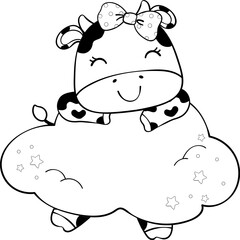 Cute happy smile baby cow sitting on cloud children cartoon character doodle hand drawing 