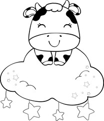 Cute happy smile baby cow sitting on cloud children cartoon character doodle hand drawing 
