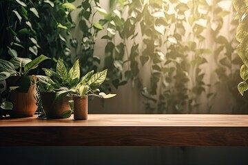 wooden table adorned with a trio of vibrant potted plants. Generative AI