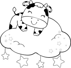 Cute happy smile baby cow celebrating birthday party children cartoon character doodle hand drawing 