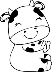 Cute happy smile baby cow sitting cartoon character doodle hand drawing 