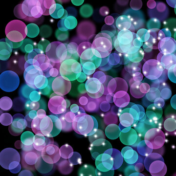 Neon bokeh background with blue, yellow and pink colors on dark. Blur halftone glitter texture. Blurry night lights retro glow.