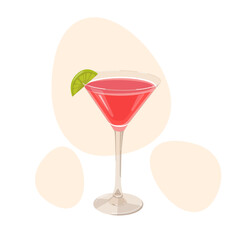 cocktail Cosmopolitan lemon alcohol drink. Isolated pink beverage in glass on white background. Vector in color in cartoon style for menu, flyers, restaurants, book, print