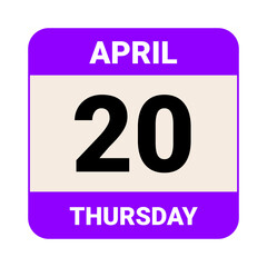 20 April, Thursday. Date template. Useful design for calendar or event promotion. Vector illustration EPS 10 File.