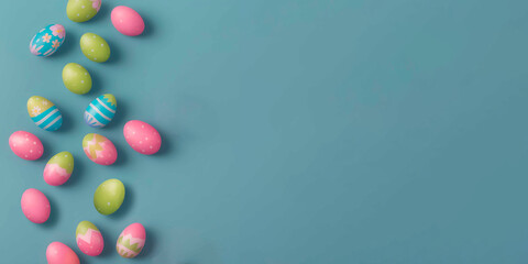 Obraz premium a trail of colorful and decorated easter eggs with a teal blue background and space to write messages. Generative AI.
