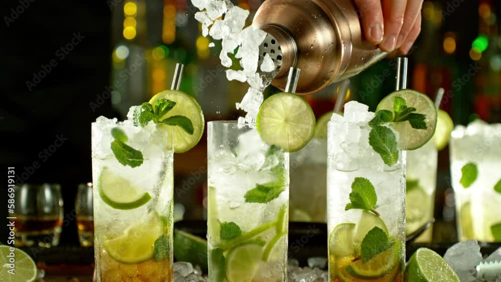 Aufkleber super slow motion of preparing mojito drink with speed motion. filmed on high speed cinema camera, 1