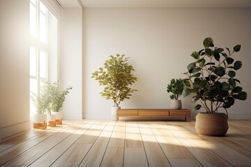 In a blank, white room, plants are on a hardwood floor. Generative AI