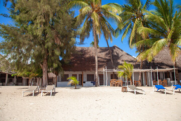 View of tropical sandy beach on Zanzibar, Tanzania. 