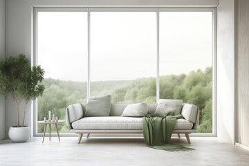 Model of a chic, white room with a sofa and a view of a green countryside. Scandinavian style in decorating. Generative AI