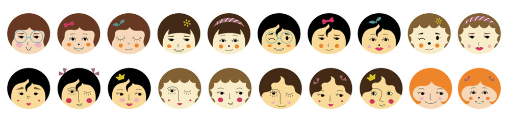 Feminine look, abstract personage, mascot design, funny face, cute icon.