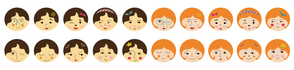 Feminine look, abstract personage, mascot design, funny face, cute icon.