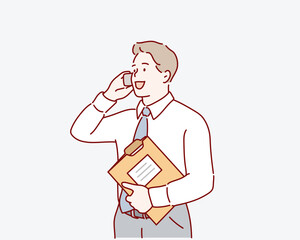 Businessman talking on mobile phone. Young man calling or contacting customers. Hand drawn style vector design illustrations.