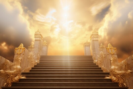 Stairway heaven paradise. Spiritual sunlight. Generate Ai