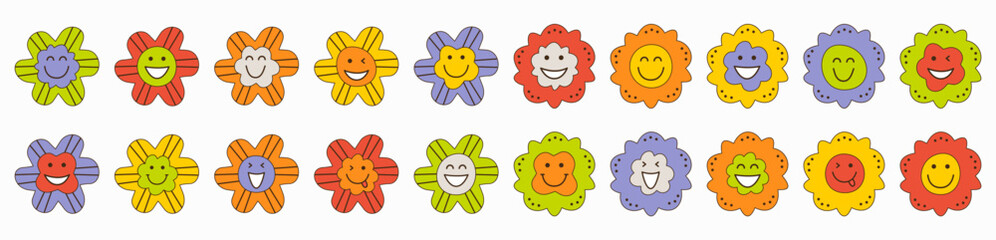 Smiling flower, abstract personage, mascot design, funny face, cute icon.