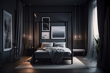 Above the bed on the dark bedroom wall are two prototypes of vertical poster frames. Morning light that filters through the curtain. Generative AI